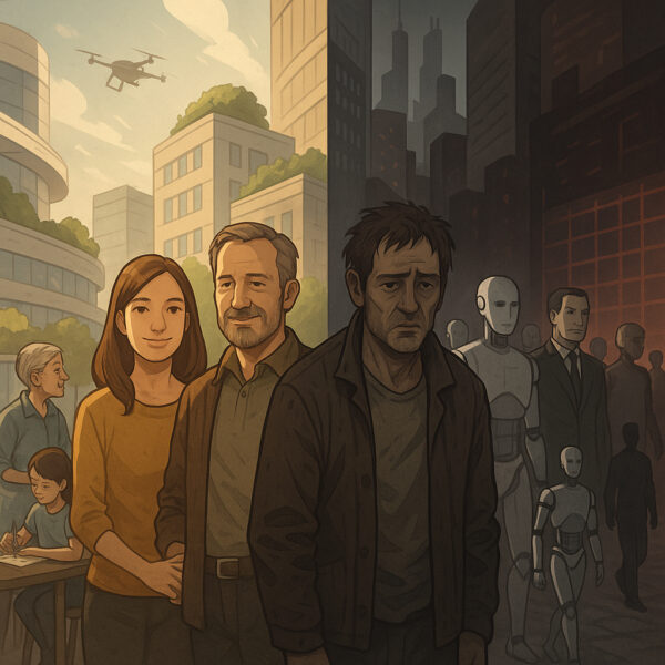 Illustration einer Stadt mit geteilter Atmosphäre: links ein heller, grüner Stadtteil mit lächelnden Menschen, rechts eine düstere, von Robotern dominierte Zone mit müden, isolierten Gestalten.