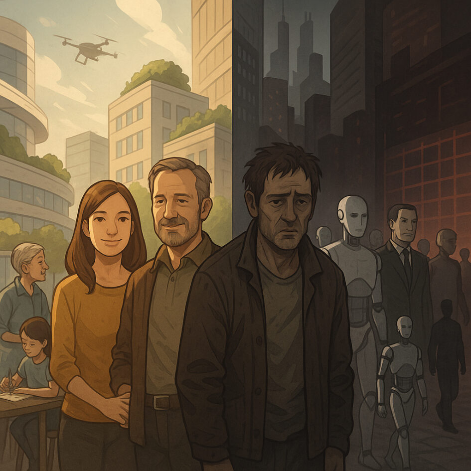 Illustration einer Stadt mit geteilter Atmosphäre: links ein heller, grüner Stadtteil mit lächelnden Menschen, rechts eine düstere, von Robotern dominierte Zone mit müden, isolierten Gestalten.