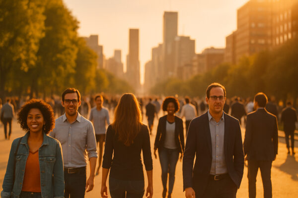 People walking along a sunlit city boulevard lined with trees and skyscrapers during golden hour, symbolizing a peaceful and vibrant society.