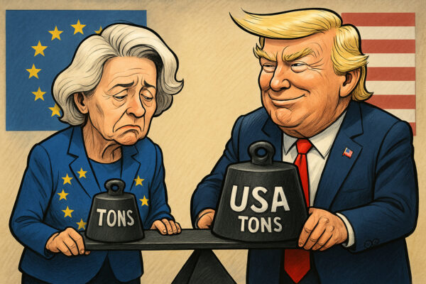Karikatur von Donald Trump und Ursula von der Leyen an einer kippenden Waage. Trump, vor einer US-Flagge, hält ein großes Gewicht mit der Aufschrift „USA Tons“, während von der Leyen vor einer EU-Flagge ein kleineres Gewicht mit „Tons“ trägt. Die Waage neigt sich stark zu Trumps Seite.