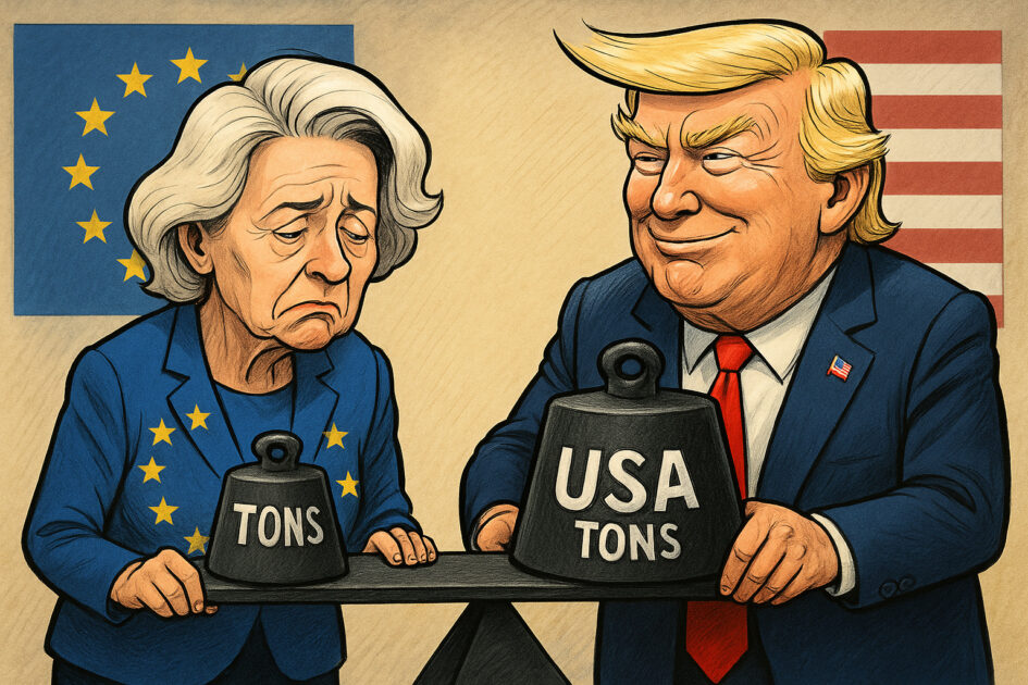 Karikatur von Donald Trump und Ursula von der Leyen an einer kippenden Waage. Trump, vor einer US-Flagge, hält ein großes Gewicht mit der Aufschrift „USA Tons“, während von der Leyen vor einer EU-Flagge ein kleineres Gewicht mit „Tons“ trägt. Die Waage neigt sich stark zu Trumps Seite.