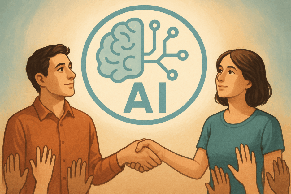Zwei junge Menschen stehen einander gegenüber und reichen sich die Hand, umgeben von erhobenen Händen und einem großen Symbol für künstliche Intelligenz – als Sinnbild für offene, gemeinwohlorientierte KI-Systeme.