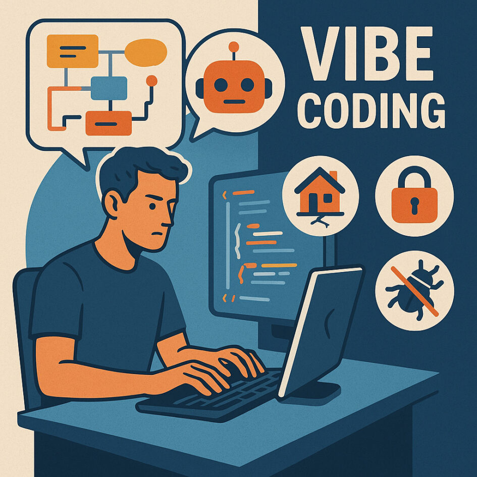 Illustration eines jungen Entwicklers, der mit KI arbeitet, um Code zu generieren, flankiert von Symbolen für Risiken wie Sicherheitslücken, Instabilität und Debugging-Probleme.