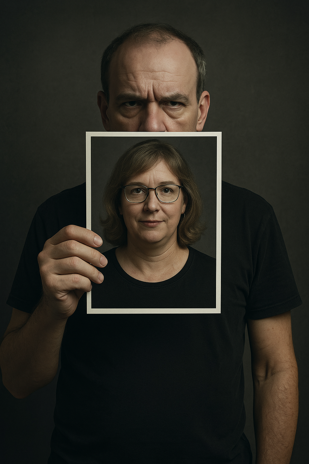 Mann mittleren Alters hält ein Foto seines weiblichen Abbilds vor das Gesicht, Symbol für Identitätskonflikt und gesellschaftliche Selbstinszenierung.