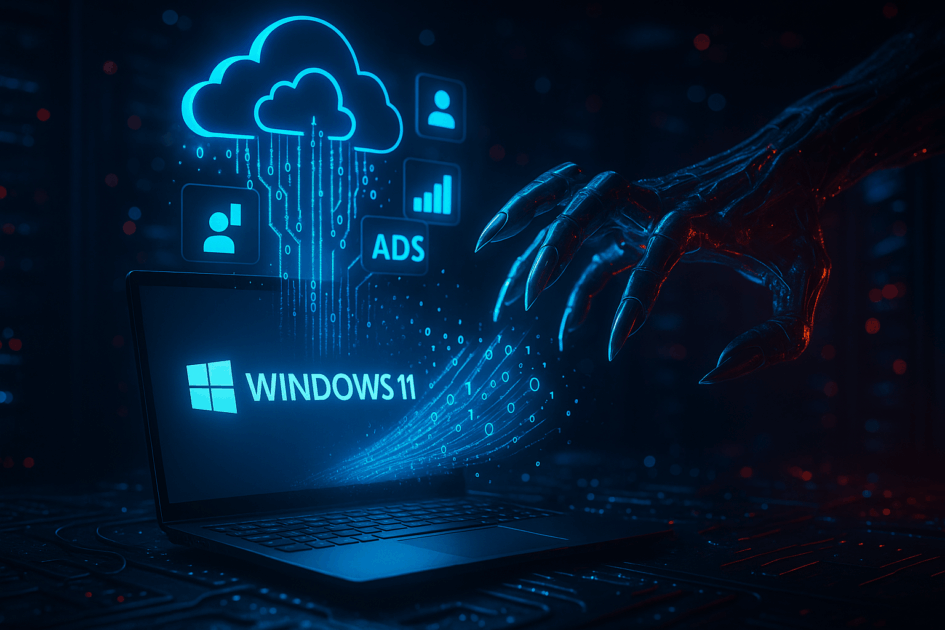Ein Laptop mit Windows-11-Logo steht in einem düsteren, blau leuchtenden Serverraum. Aus der rechten Seite greift eine bedrohlich gierige, rot schimmernde Roboterhand nach ihm und zieht leuchtende Datenströme und Binärcode aus dem Gerät, während über dem Laptop Cloud- und Werbesymbole schweben – Sinnbild für Datenabfluss und Überwachung.