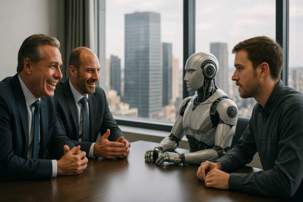 Vier Personen sitzen an einem Konferenztisch in einem Hochhaus: Zwei Business-Manager sprechen begeistert miteinander, während ein humanoider Roboter und ein IT-Techniker sich sachlich gegenüber sitzen. Durch das große Fenster sieht man die Skyline der Stadt.