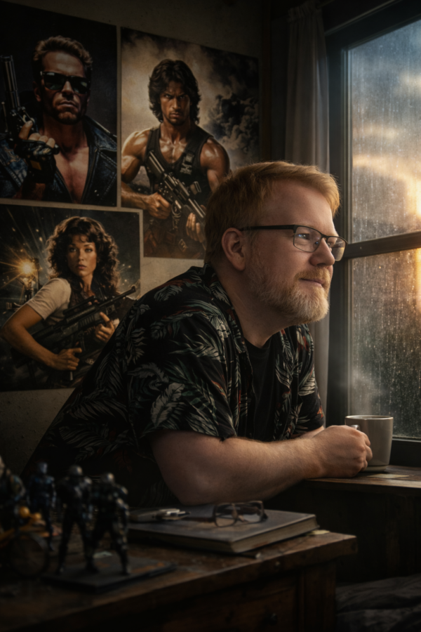 Ein Mann Anfang 40 blickt aus einem Fenster, hinter ihm Poster klassischer Actionhelden, die für frühere Ideale von Stärke stehen.