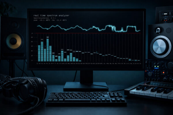 Spectralux Echtzeit-Spectrum-Analyzer auf einem Computerbildschirm in einer Musik-Produktionsumgebung mit Lautsprechern, Kopfhörern und MIDI-Keyboard.