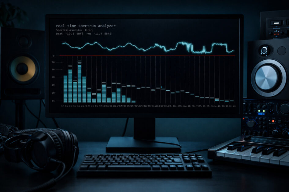 Spectralux Echtzeit-Spectrum-Analyzer auf einem Computerbildschirm in einer Musik-Produktionsumgebung mit Lautsprechern, Kopfhörern und MIDI-Keyboard.