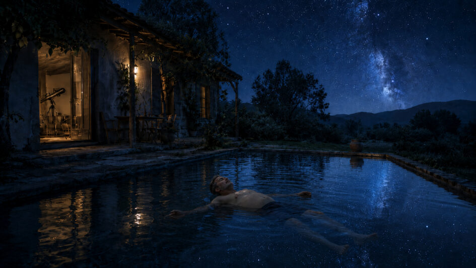 Ein etwa 45-jähriger Mann treibt nachts entspannt in einem ländlichen Pool. Über ihm leuchtet ein dichter Sternenhimmel, der sich im Wasser spiegelt. Neben dem Pool steht ein kleines Haus mit warm beleuchteter Terrasse und einem Teleskop.