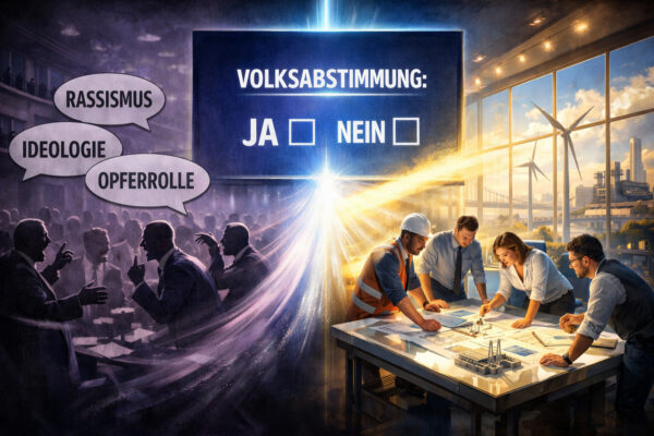 Kontrastreiche 16:9-Digitalgrafik: Links ein dunkler, chaotischer Plenarsaal mit streitenden Schattenfiguren und Sprechblasen mit politischen Schlagworten. Rechts ein heller Raum mit Experten, die an einem digitalen Tisch Bau- und Infrastrukturpläne ausarbeiten. In der Mitte ein leuchtender Bildschirm mit der Aufschrift „VOLKSABSTIMMUNG: JA [ ] NEIN [ ]“, aus dem ein Lichtstrahl in den Arbeitsbereich führt.